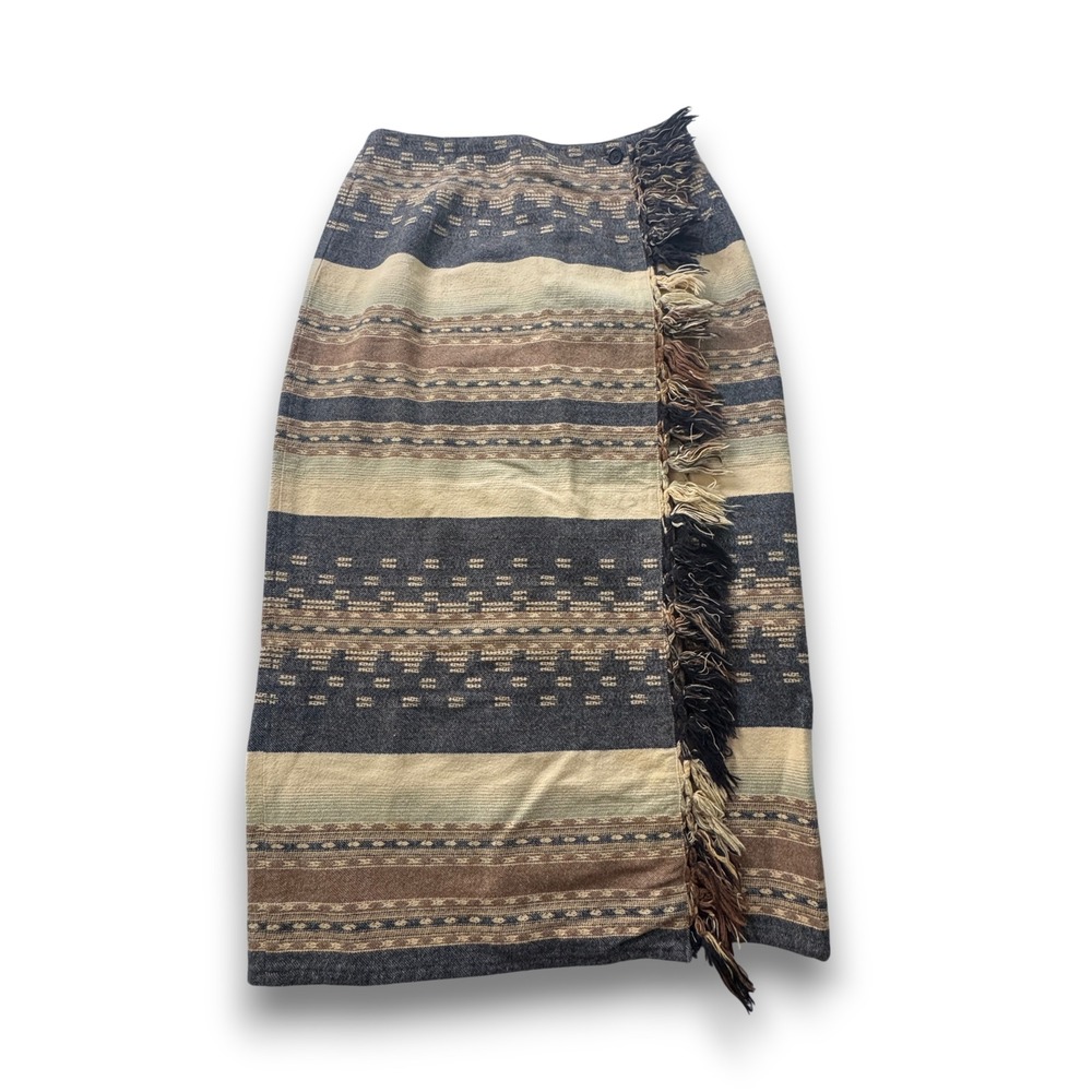 Coldwater Creek Southwestern Fringe Wrap Skirt Brown Tan Striped Geometric Boho